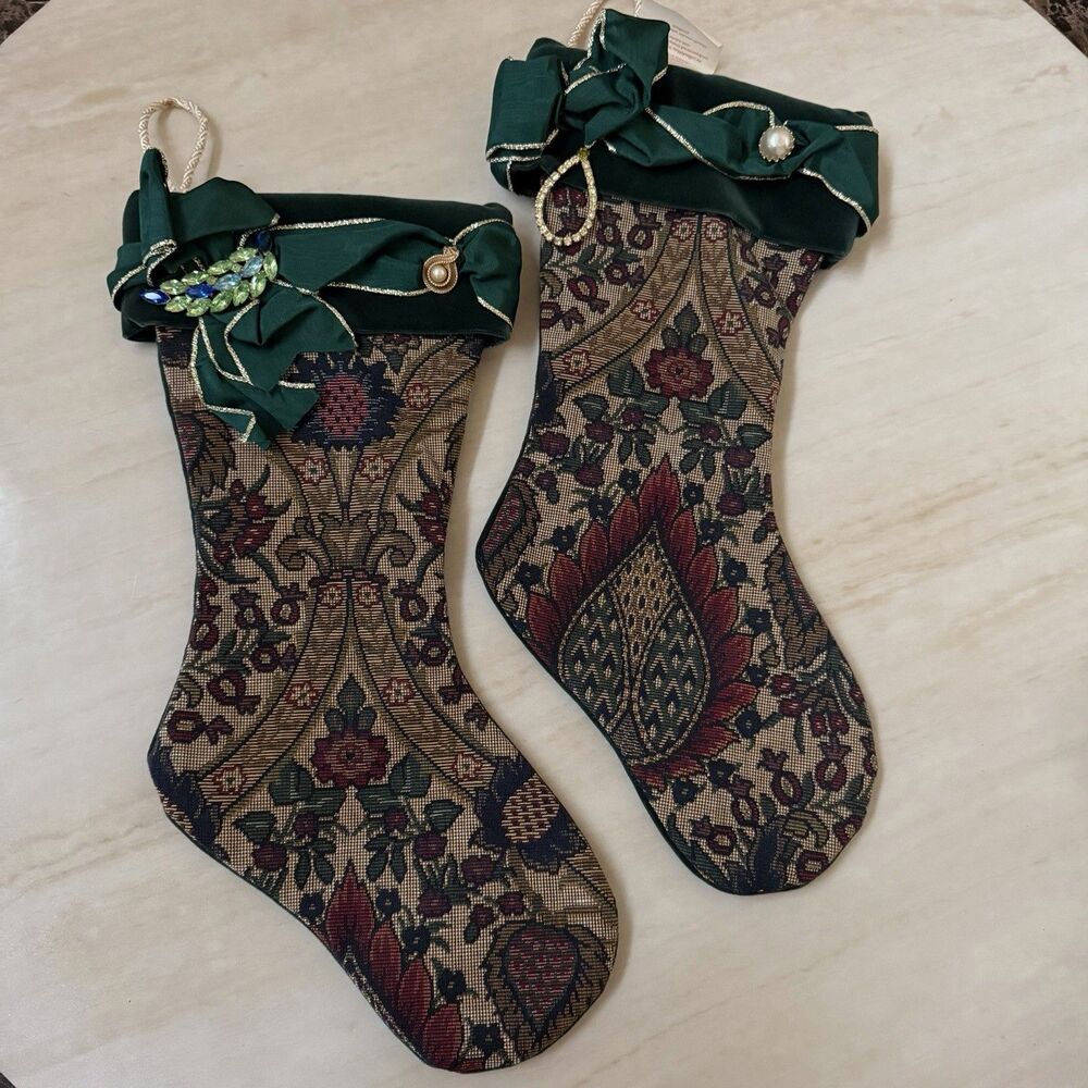 Vintage Joi Ellis Victorian Christmas Stockings Pair Tapestry Green Velvet 17in